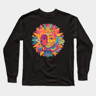 Psychedelic Sun with Smiling Face Colorful Art Long Sleeve T-Shirt